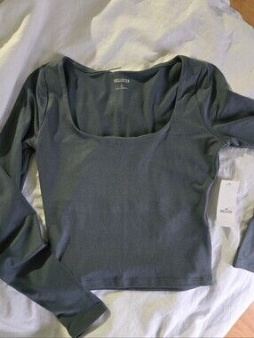 Hollister Scoop Neck Long Sleeve Top - Slate Green